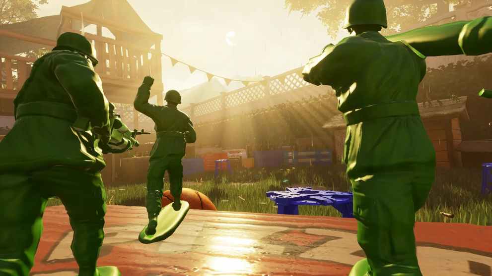 Three plastic toy soldiers looking into the sun in a garden in HYPERCHARGE: Unboxed