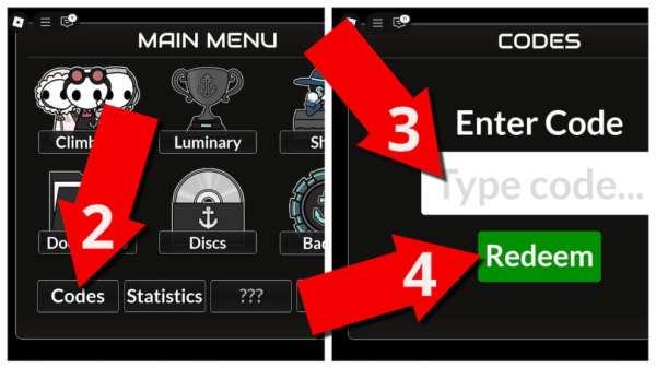 Codes button in the Anchored Main Menu and Codes window
