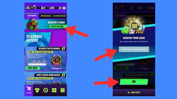 Redeeming codes in FIFA Rivals
