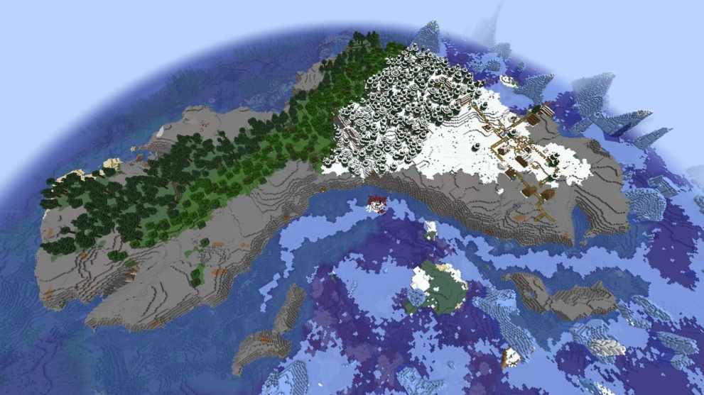 Snowy taiga island village in Minecraft Chase the Skies update
