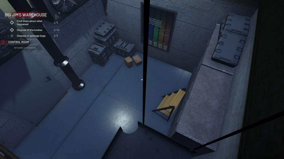 looking down on a ladder by a poster and lockers