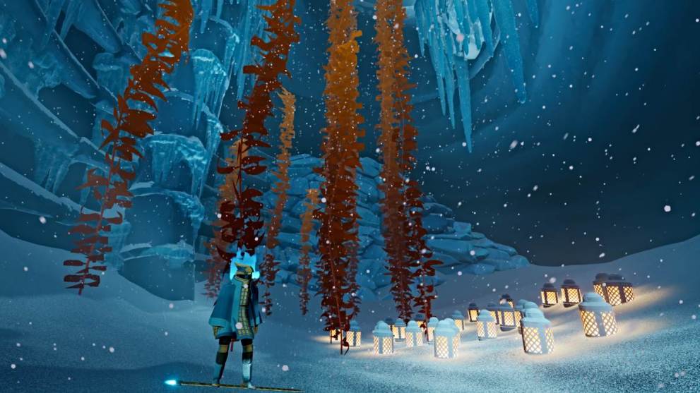 Lanterns inside the giant statue in Shadow Tundra in Sword of the Sea