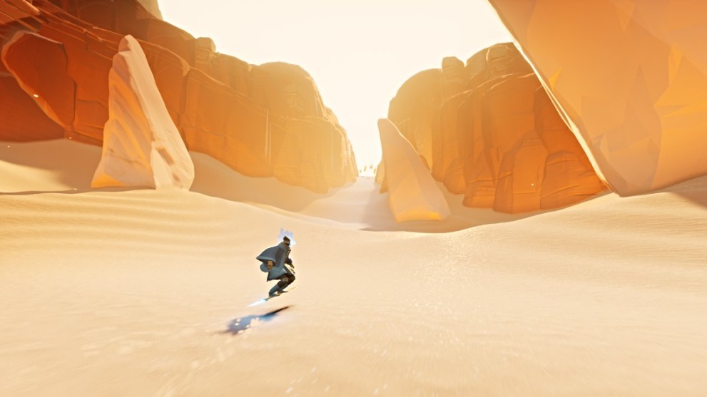 Surfing past rock pillars in Sword of the Sea