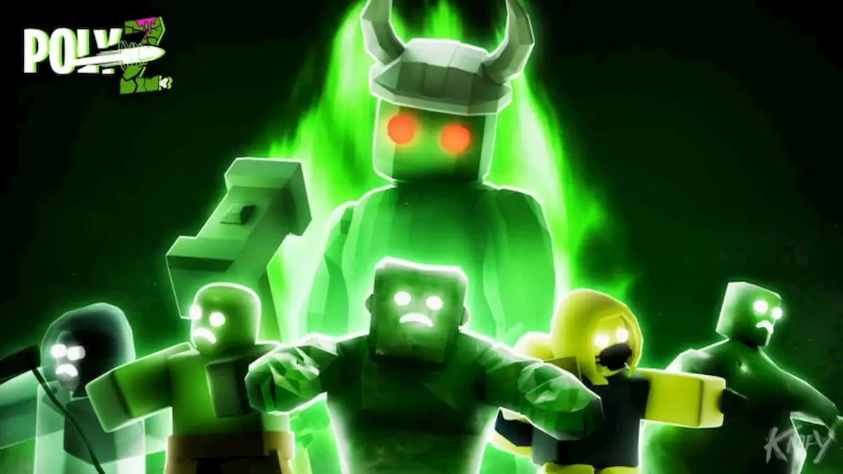 Poly-Z RNG featured image showing a group of glowing Roblox characters surrounded by a green aura, with a horned figure towering behind them.