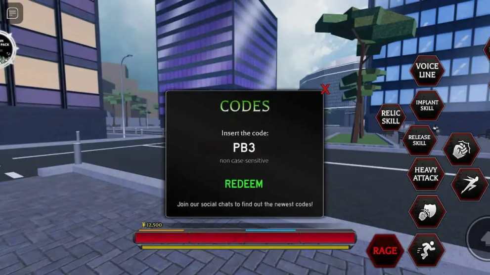 Project Baki codes redemption menu showing the code entry field and Redeem button in the center of the screen.