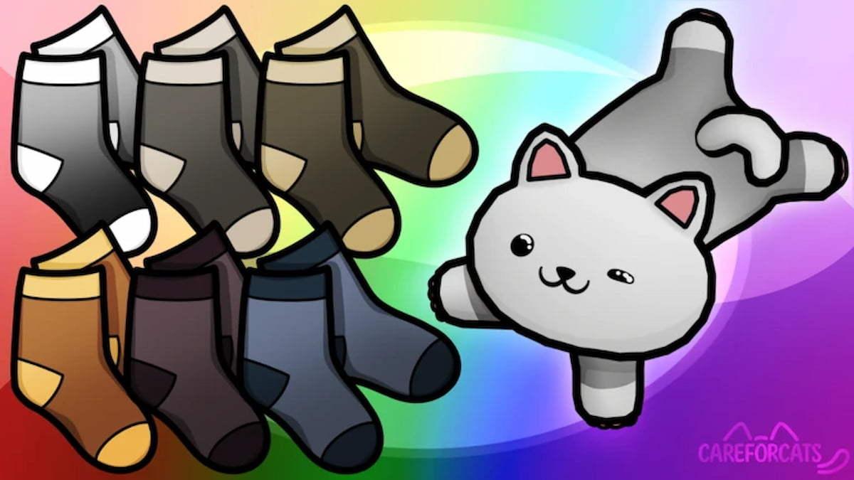 Care For Cats game artwork showing a cute gray cat beside several pairs of colorful socks against a rainbow background.