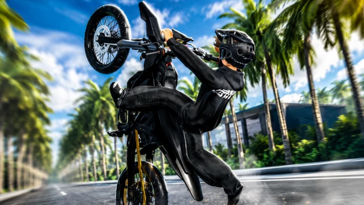 E-Moto Cross game artwork showing a Roblox rider performing a wheelie on an electric motocross bike along a palm-lined road.