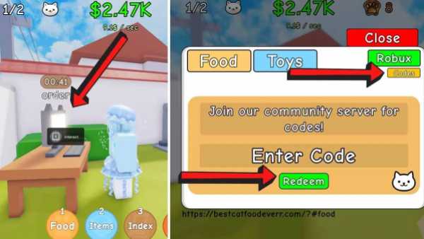 Care for Cats game screenshot showing how to redeem codes, with arrows pointing to the interaction point, Codes button, and Redeem button.