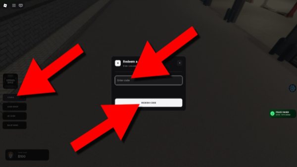 Emoto Cross game screenshot showing the Codes menu, with red arrows pointing to the Codes button, code entry field, and Redeem Code button.