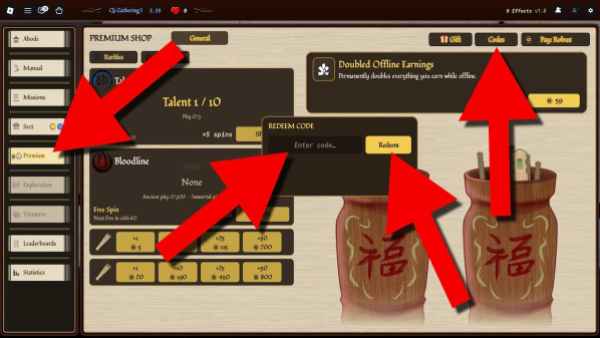 Idle Cultivation codes redemption screen showing the Premium menu, Codes button, code entry field, and Redeem button highlighted with red arrows.