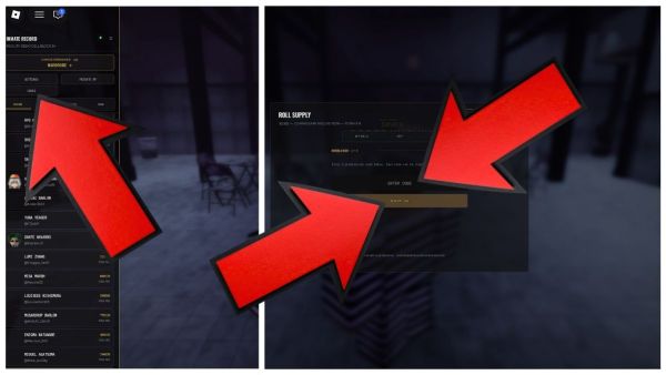 Komorebi Prison codes redemption guide showing the Codes menu, code entry field, and Redeem Code button highlighted with red arrows.