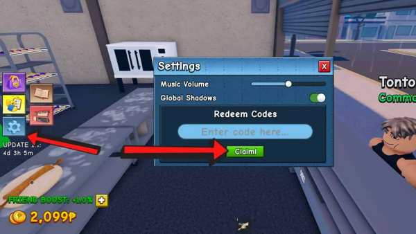 Panaderya codes redemption screen showing the Settings button, code entry field, and Claim button highlighted with red arrows.