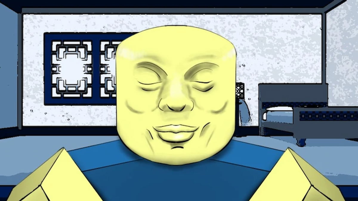 Idle Cultivation featured image showing a Roblox character with a large yellow meditating face inside a simple blue-and-white room.