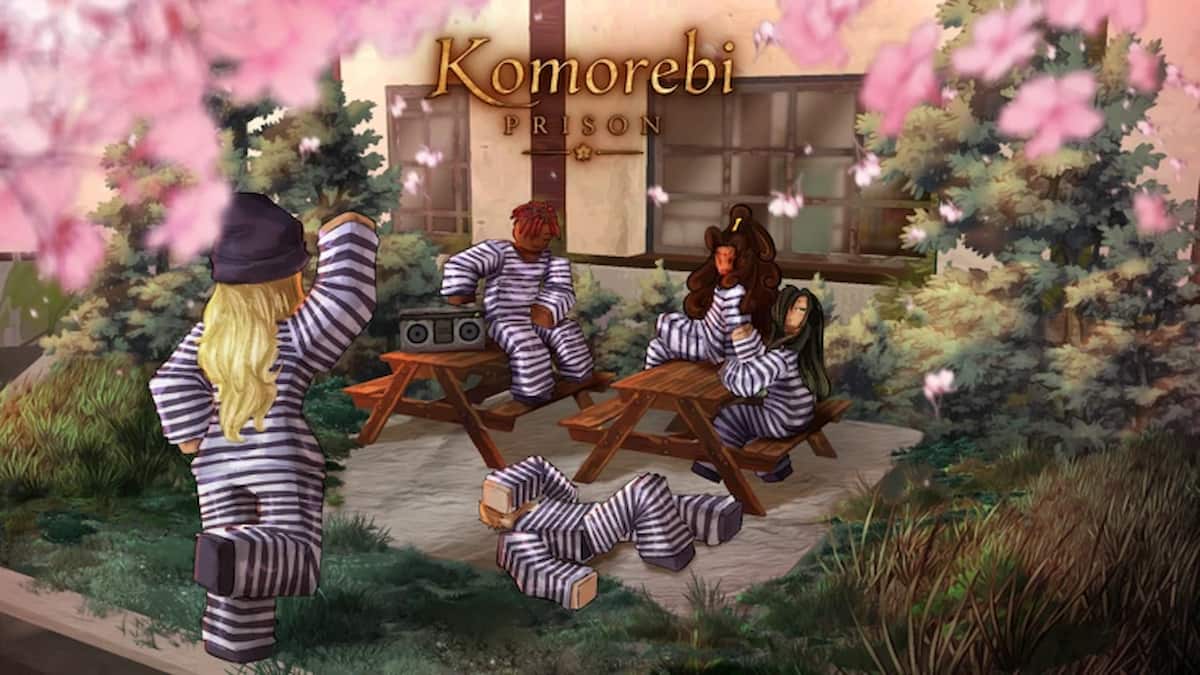 Komorebi Prison featured image showing Roblox inmates in striped uniforms relaxing in a prison courtyard surrounded by cherry blossoms.