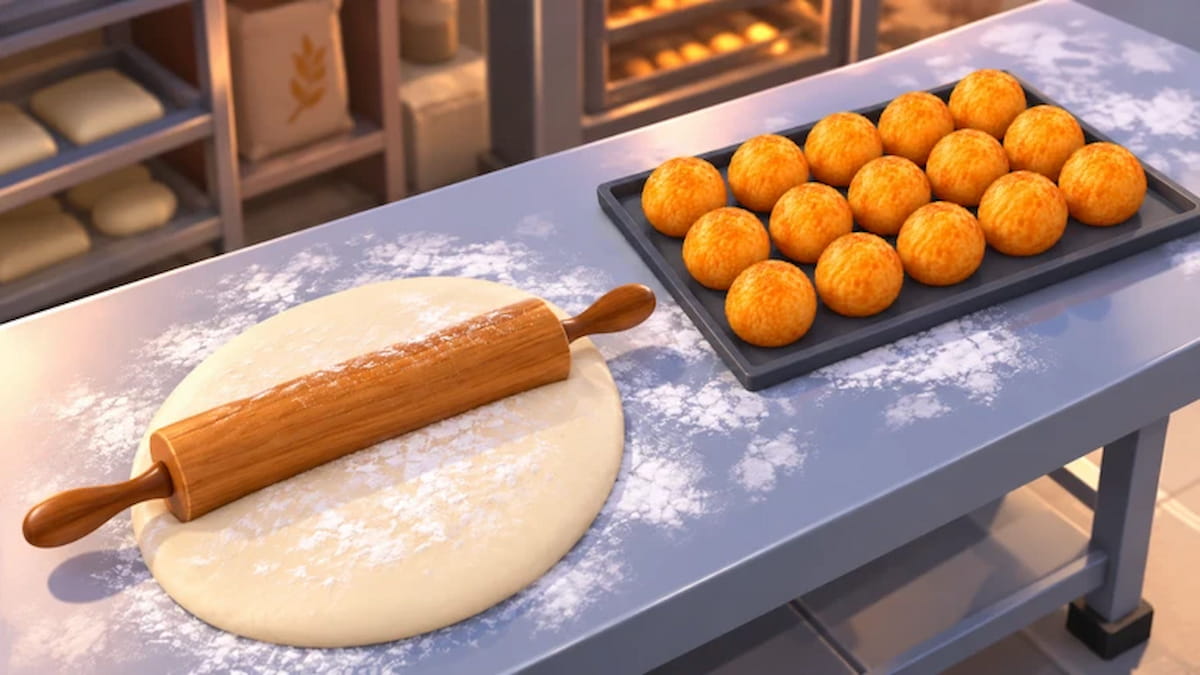 Panaderya featured artwork showing dough being rolled on a floured bakery table beside a tray of freshly baked bread rolls.