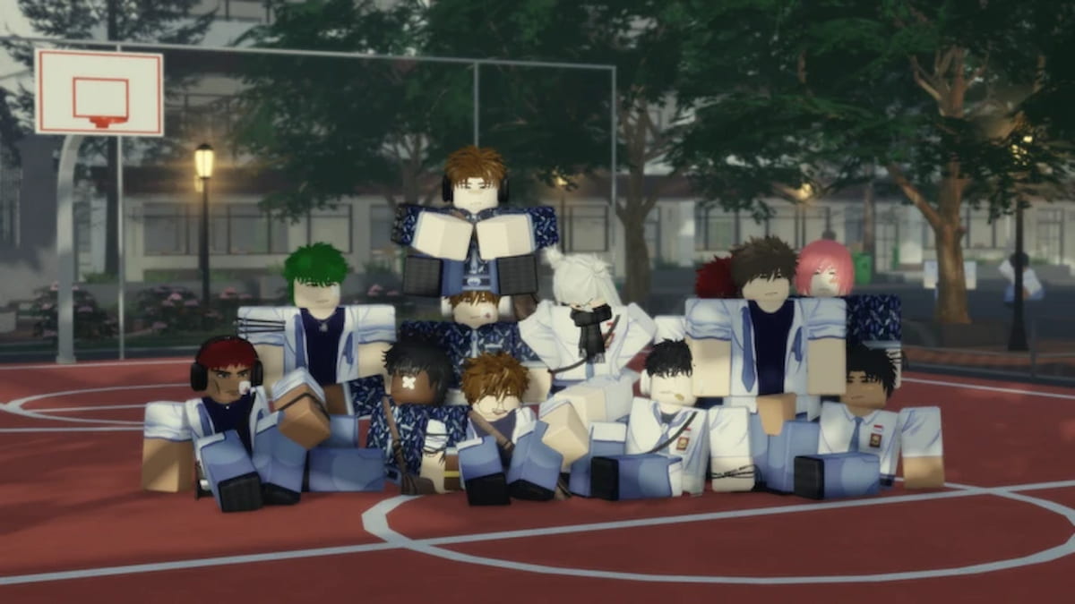 SMA featured image showing a group of Roblox students in matching school uniforms posing together on an outdoor basketball court.