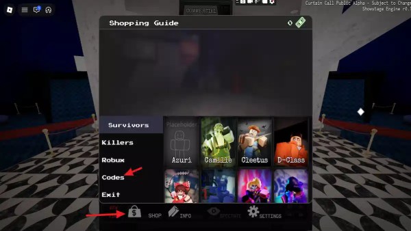 Code redemption in Curtain Call roblox experience