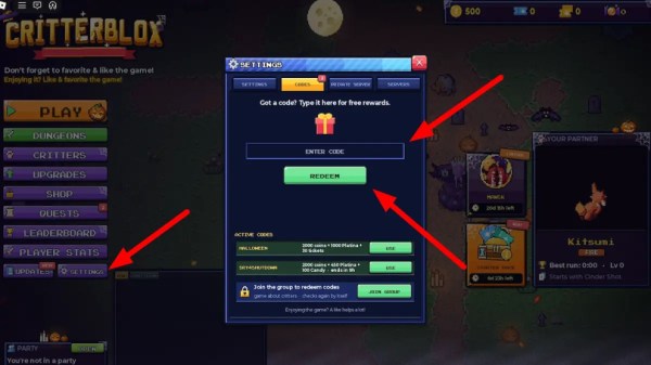 CritterBlox Roblox How to Redeem Codes, Codes Section