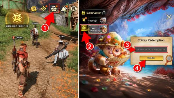 How to redeem Monster Hunter Outlanders codes by opening the Event Center, selecting CDKey Redemption, entering a code, and tapping Confirm.
